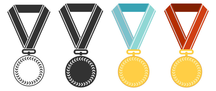 Medal award collection, winner champion icons, victory star badges, sport achievement symbols, prize ribbon wreath set, classic honor design illustration on transparent background