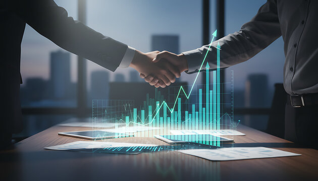 Business partners shaking hands over glowing digital financial growth charts