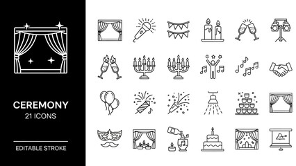 A versatile collection of elegant line art icons capturing the essence of celebrations, ceremonies, and festive events, ideal for digital design projects and event planning graphics