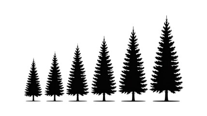 Fototapeta premium Ultra-minimalist black and white vector of six pine trees ascending left to right, sharp conical shapes, detailed foliage, scalable, modern, forest nature silhouette. Transparent background.