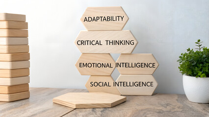 Future skills, personal development concept. Key future skills represented on wooden hexagonal blocks, including adaptability, critical thinking, and emotional and social intelligence.