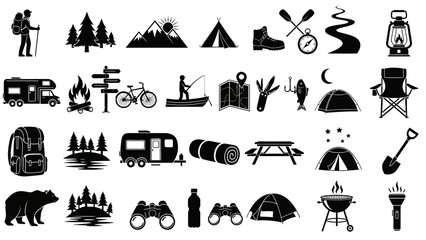 Fototapeta premium Set of black silhouette icons for camping, hiking, and outdoor adventure, a comprehensive vector collection for nature and travel themes