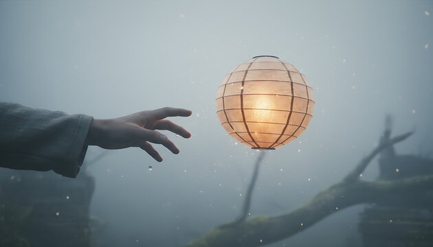 A hand reaches for a luminous paper lantern floating mysteriously in a foggy, atmospheric woodland. - Powered by Adobe