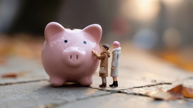 Figurines looking at a pink piggy bank on a street filled with autumn leaves during sunset in a quiet urban setting