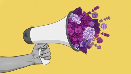 Hand holding a white megaphone filled with a beautiful bouquet of purple and lilac flowers, a conceptual illustration about positive communication on a yellow background