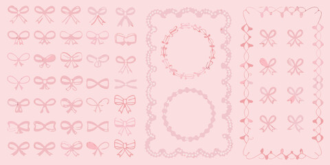 Collection of pink bows and frames on a light pink background