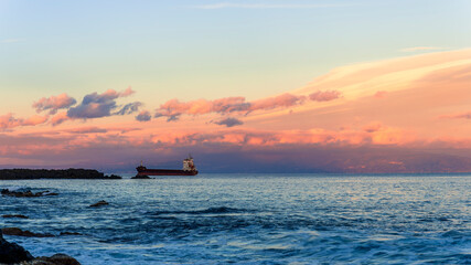 oil tanker of russia shadow fleet used for transportation oil in blue sea. Transport for petroleum products, gas and oil under sanctions