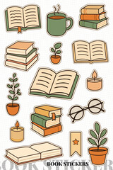A cozy set of reading stickers featuring a cup of coffee, flowers, a candle, glasses, and a stack of books in soft pastel colors. A vector set for relaxation, self-care, and literary pursuits.