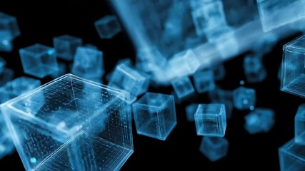 Visual representation of futuristic technology featuring floating digital cubes in a dark environment with glowing particles - Powered by Adobe