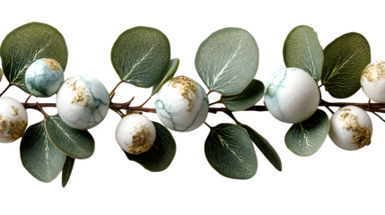 Minimalist Christmas garland made of eucalyptus leaves and white ornaments with a touch of gold thread, modern holiday aesthetic isolated on white background 