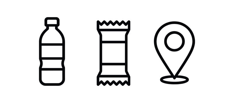 minimal icons water bottle black outline snack bar black outline map pin black outline