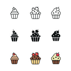 Cupcake set icon line glyph color for dessert bakery and sweet illustration
