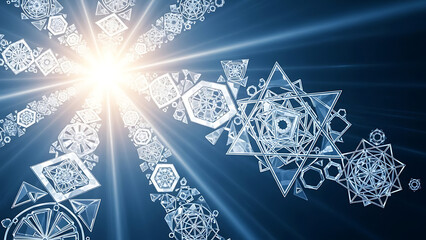 Bright winter snowflake pattern with light rays on dark blue background