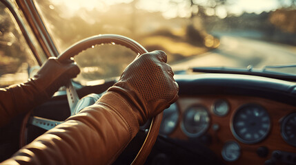 Close-up view of hands wearing brown leather gloves gripping steering wheel of classic car, showcasing vintage interior design and warm sunlight illuminating the scene