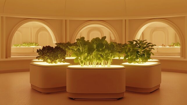 Futuristic indoor vertical farm with hydroponic plants glowing under warm light, minimal space station agriculture concept. - Powered by Adobe