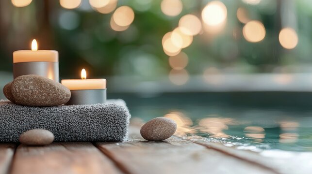Close-up of lit candles, stones, and a towel arranged on a wooden surface near a pool, evoking a spa-like atmosphere of relaxation and tranquility. - Powered by Adobe