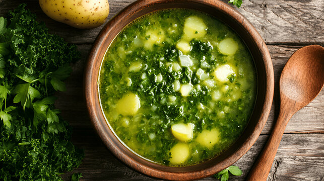 Fresh green soup with potatoes and kale in a rustic wooden bowl, surrounded by fresh herbs and a wooden spoon, showcasing healthy and vibrant culinary presentation