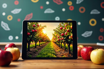 Digital tablet with orchard wallpaper, surrounded by stationary on desk in front of chalkboard adorned with colorful doodles.