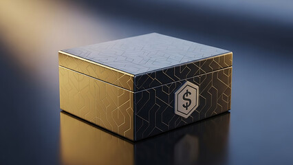 Gold box with dollar sign symbolizing wealth investment and financial security