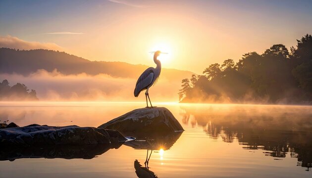 A heron stands on a rock in a lake at sunrise. The sun is rising behind the bird, creating a silhouette. The water is calm and reflects the sky.