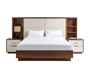 Luxury hotel bedroom interior with comfortable bed, pillows, and decorative lamps for a relaxing stay