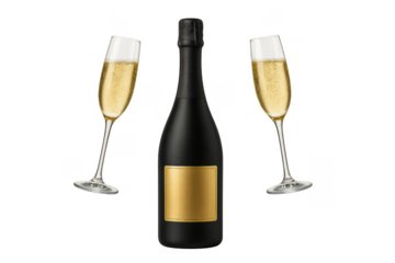Black champagne bottle with two sparkling wine glasses