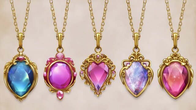 Five exquisite gold necklaces feature vibrant, sparkling gemstone pendants. These ornate jewels evoke a sense of luxury and fantasy.