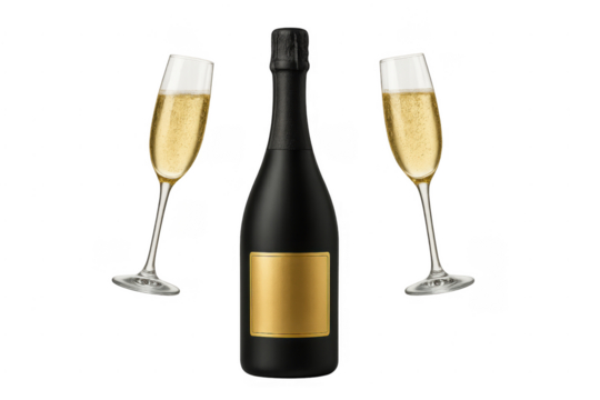 Black champagne bottle with two sparkling wine glasses
