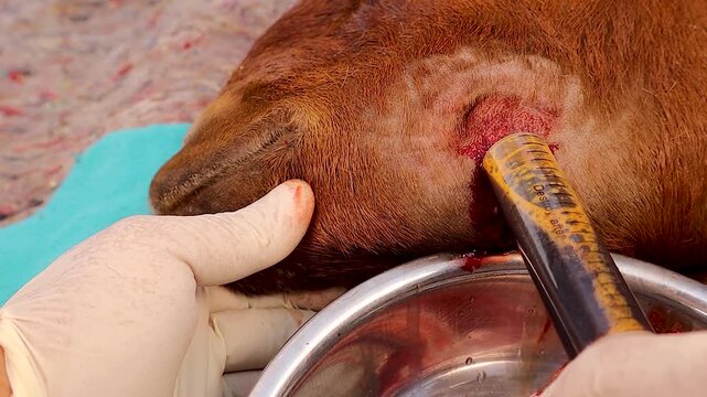 veterinary procedure showing povidone-iodine flushing of a mandibular abscess in a goat. Scene shows professional animal care, infection management and educational use for medical, veterinary training