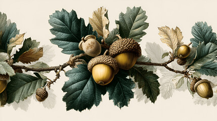 Detailed botanical illustration featuring acorns and oak leaves, showcasing intricate textures and colors, perfect for nature-themed designs and educational purposes