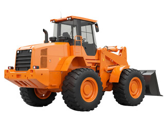 Orange wheel loader PNG isolated on transparent background, heavy construction equipment for earthmoving and material handling in building sites