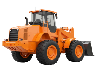 Orange wheel loader PNG isolated on transparent background, heavy construction equipment for earthmoving and material handling in building sites