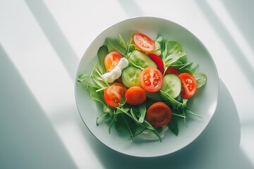 Scandinavian salad composed of fresh greens, creamy goat cheese, and thinly sliced beets on clean white plate