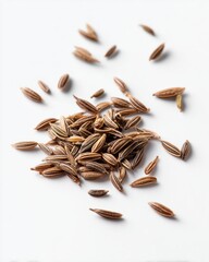 Pile of Dried Cumin Seeds with Scattered Grains Isolated on White Background | Aromatic Spice Ingredient for Indian, Mexican, and Middle Eastern Cuisine