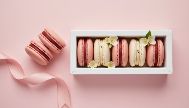 Pink and cream almond meringue macaron cookies in a white gift box with fresh jasmine flowers and a satin ribbon on a pastel pink background, top view flat lay composition