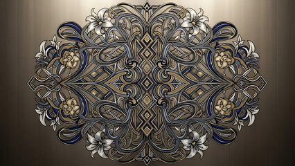 Intricate abstract circular design with faces and ornamental details on a beige background
