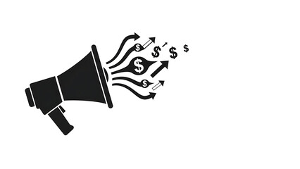 Megaphone with arrows and dollar signs representing financial growth and marketing