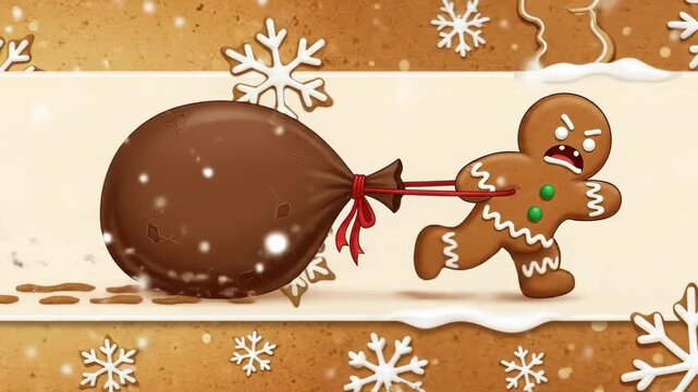 A festive gingerbread man character, with green buttons and icing details, pulling a large chocolate sack, set against a light brown snowy background with snowflakes, symbolizing holiday cheer.