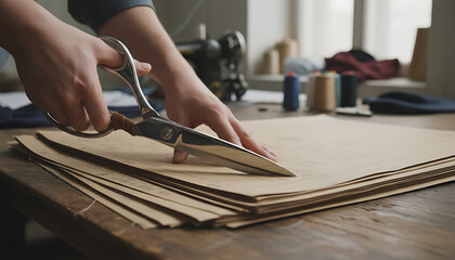 Expert tailor cutting pattern with scissors in atelier for bespoke clothing line