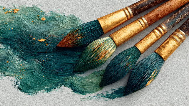 Artistic paintbrushes with golden accents are arranged on textured canvas, showcasing vibrant teal strokes and a creative atmosphere for artistic expression and inspiration