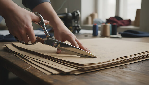 Expert tailor cutting pattern with scissors in atelier for bespoke clothing line