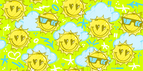 Trendy Neon Abstract Graffiti Style Happy Smiling Suns On the Sky Seamless Background