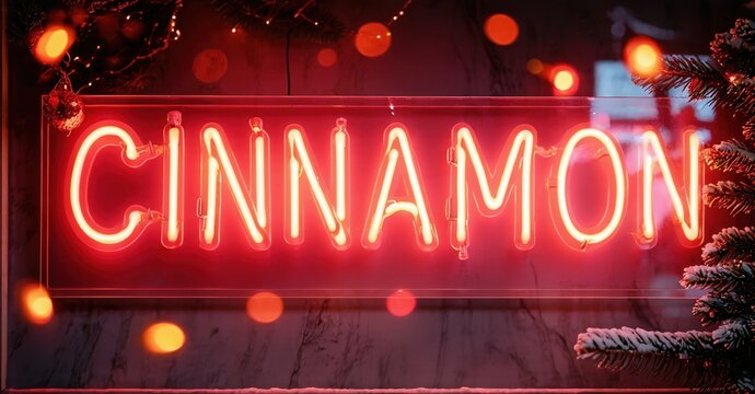 Bright red neon sign spells Cinnamon. Festive lights blur background. Winter foliage frames glowing text. Warm ambiance, inviting atmosphere.