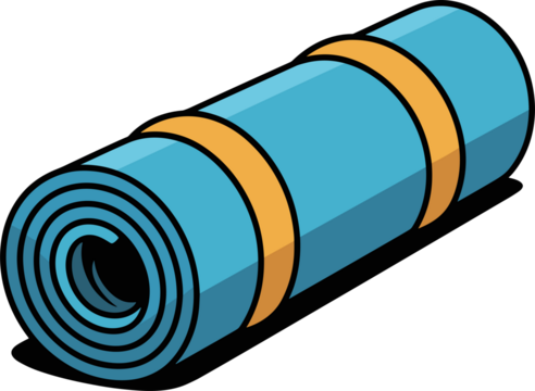 A rolled up blue mat kept together with two orange straps, isolated on a black background.