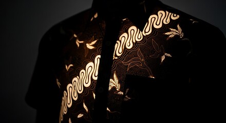 A luxury plain batik shirt, with its pattern subtly illuminated from within, glowing softly in a dark, minimalist setting