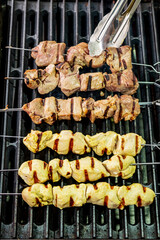 Tender skewers of marinated beef and chicken sizzle on a heated grill, creating a flavorful aroma