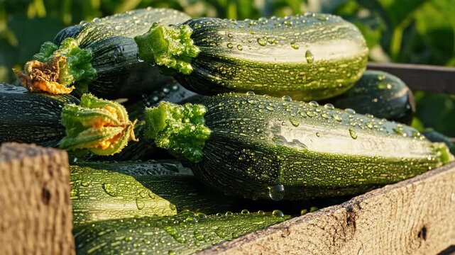 Freshly harvested zucchini with water droplets resting in a rustic wooden crate in the warm sunlight