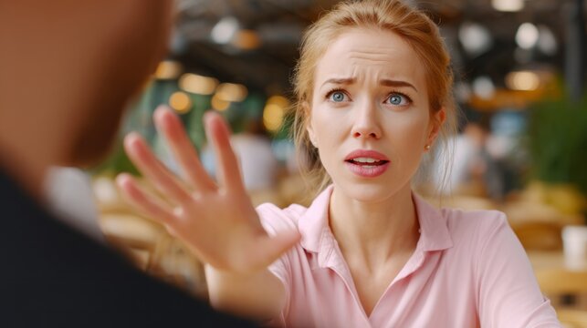 Young woman stopping a person with her hand, expressing disagreement, refusal, and rejection during a serious discussion
