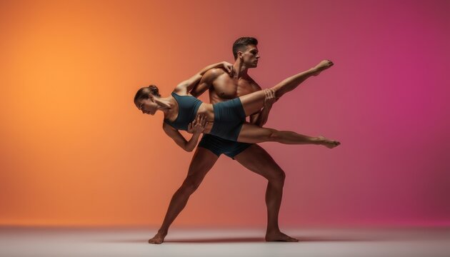 Athletic muscular couple performing a contemporary dance lift, showing strength, passion, and grace in a dramatic pose on a vibrant orange and pink gradient studio background
