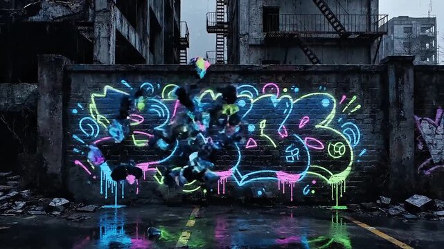 Neon Graffiti Blues Word on Urban Wall Breakdown Rebuild